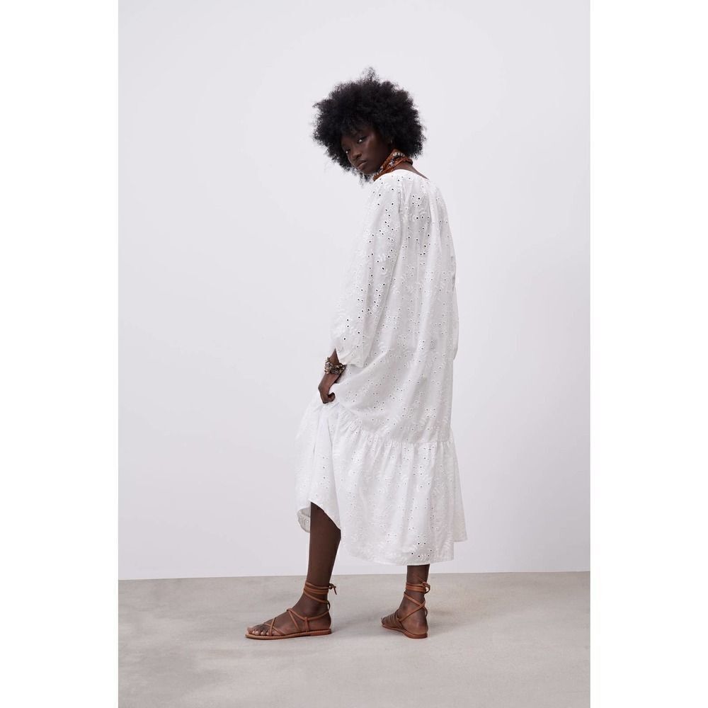 ZARA Openwork Cutwork Embroidered Boho Lightweight Dress New White - Picture 5 of 9